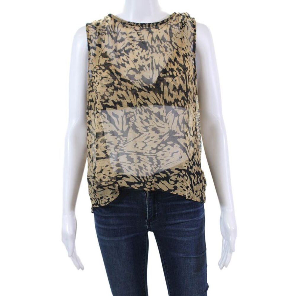 Designer Womens Silk Sheer Abstract Printed Bralette and Vest Set Brown Size 4